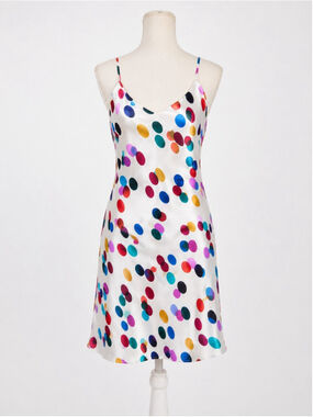 Vanessa Mooney White Multicolor Polka Dot Satin Slip Dress Sz M V Neck Art Pop